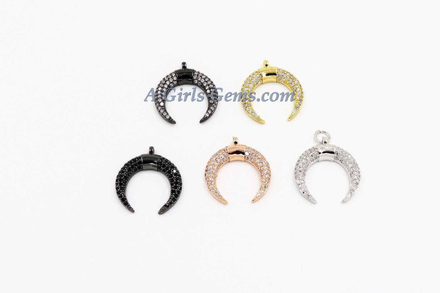 Crescent Moon Charms, CZ Micro Pave Small Double Horn Cz Charm 17 x 19 mm, Gold