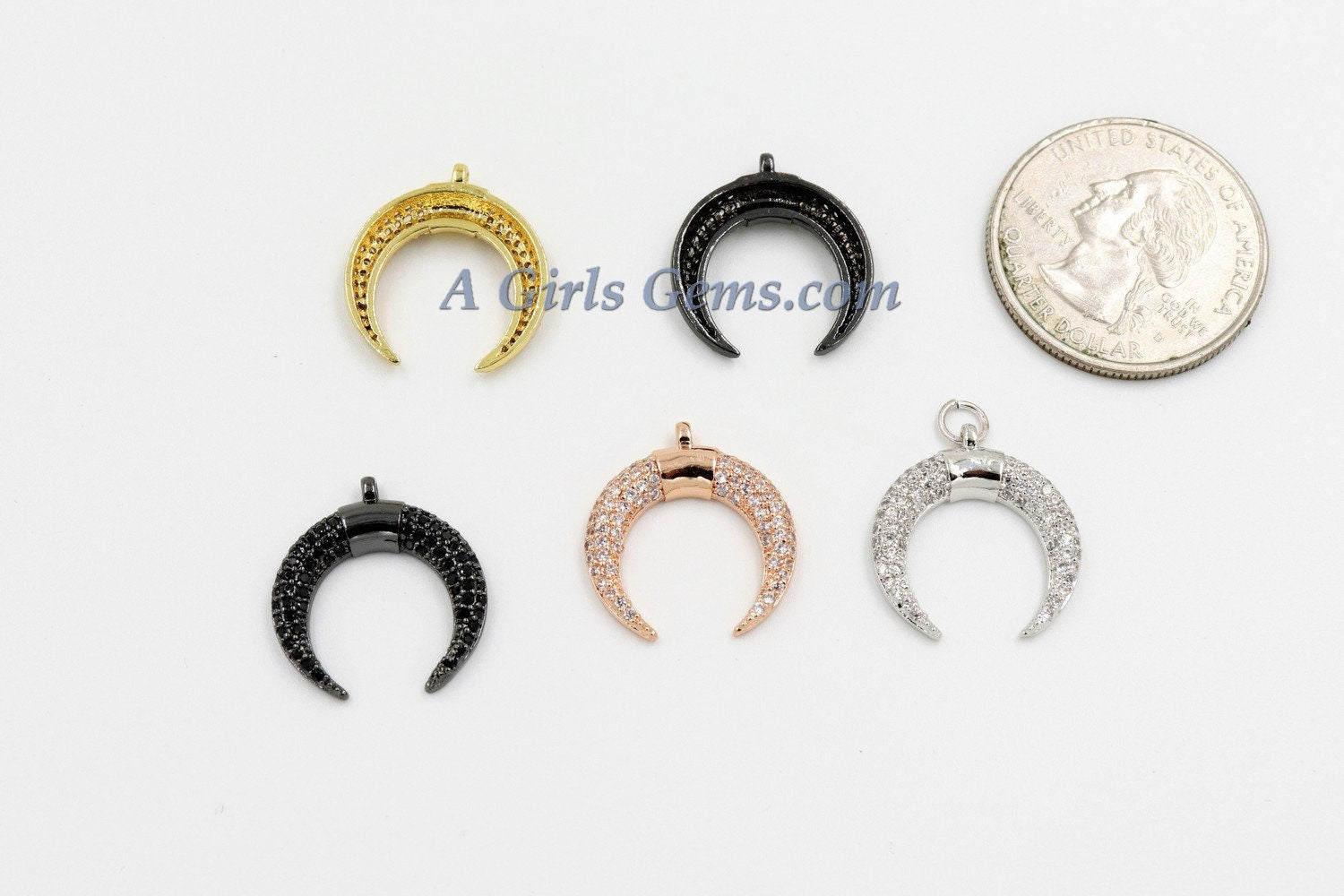 Crescent Moon Charms, CZ Micro Pave Small Double Horn Cz Charm 17 x 19 mm, Gold