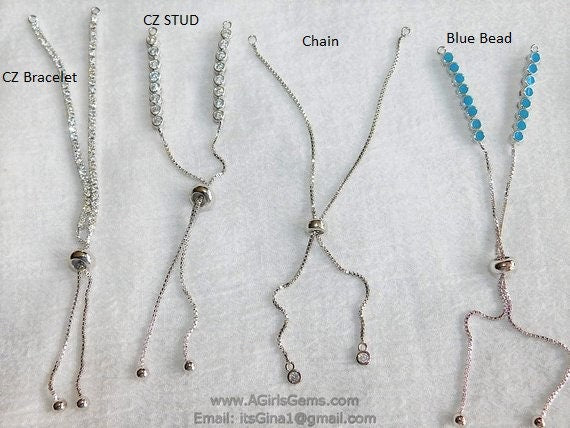 Adjustable Half Finish Bracelet, 4 Pcs Bolo Box Chain Bracelets with *CZ Two Hole* Slider Bead, 18 K Gold Plated Slider Bead Bulk/Crystals