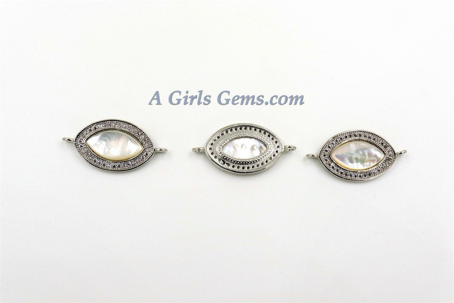 CZ Micro Pave Pearl Connectors, Mother of Pearl Silver Evil Eye Charm #74, 14 x 24 mm Silver Pearl Charm Beads/CZ Necklace Connector charm
