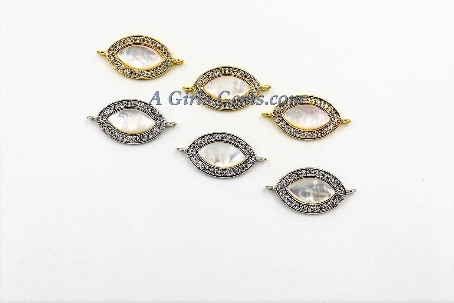 CZ Micro Pave Pearl Connectors, Mother of Pearl Silver Evil Eye Charm #74, 14 x 24 mm Silver Pearl Charm Beads/CZ Necklace Connector charm
