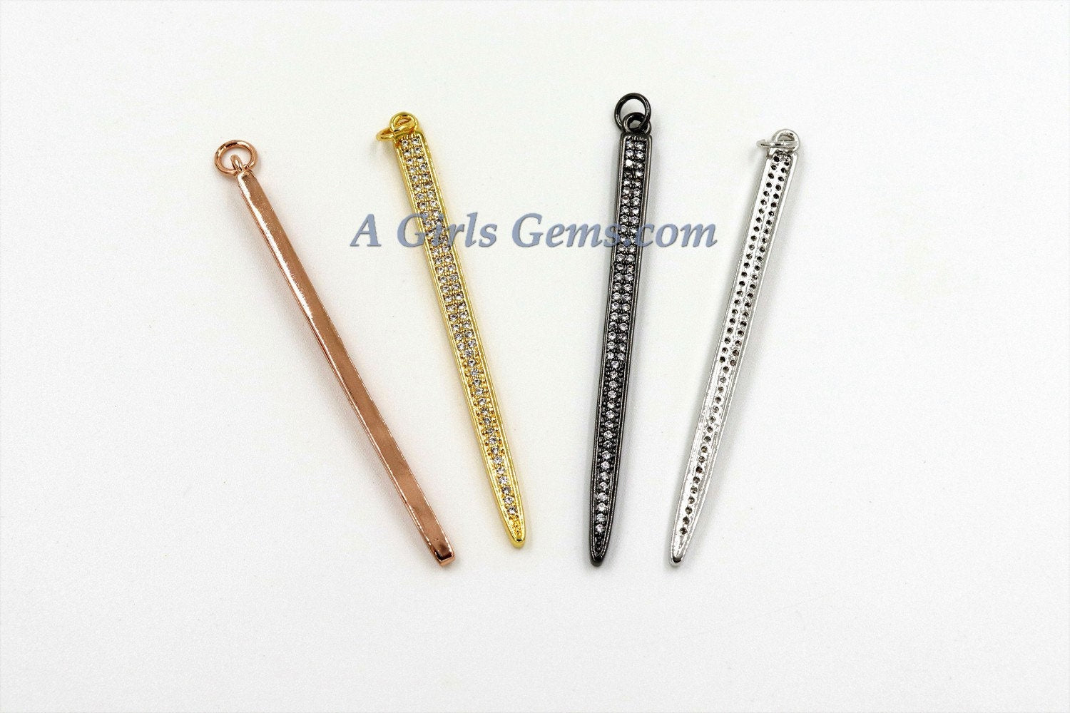CZ Silver Spike Pendant, Gold Bar #49, Gold Spike Point Charm 5 x 55 mm
