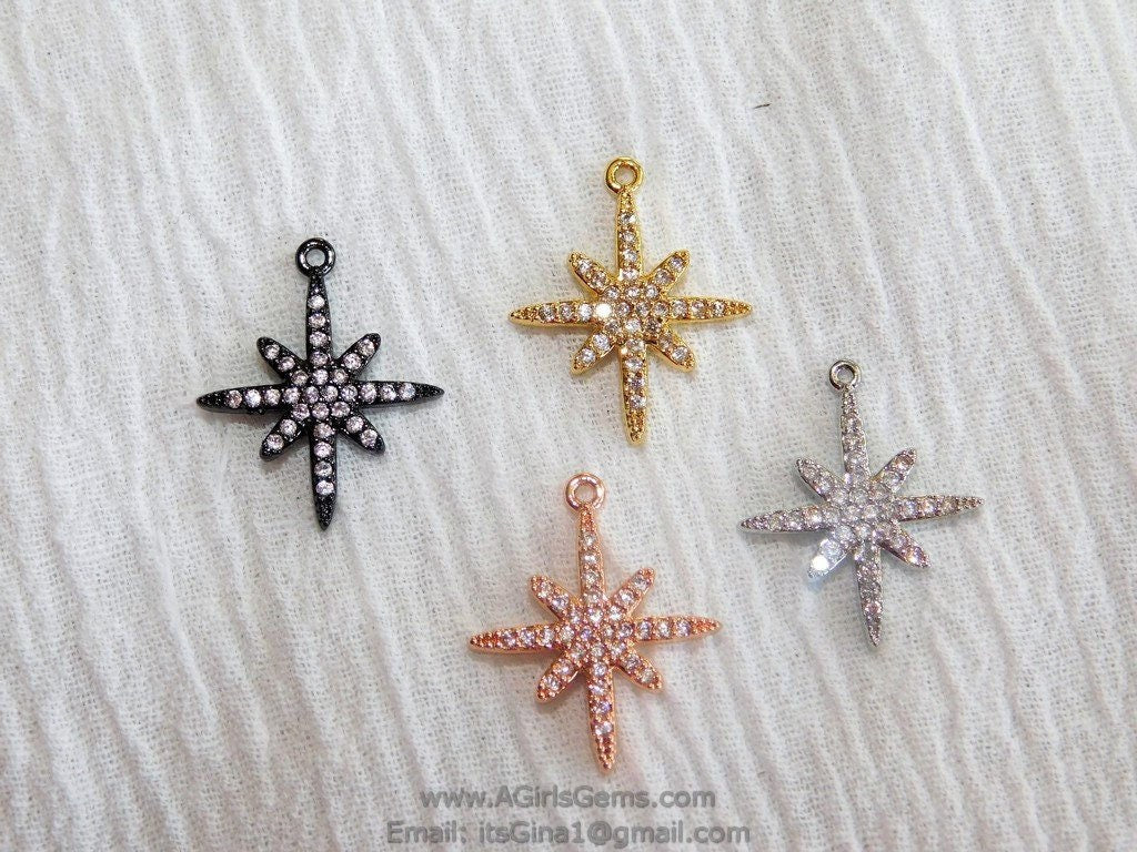 Gold Star Charms, CZ Micro Pave, Small Silver Dainty Starburst Charms #42