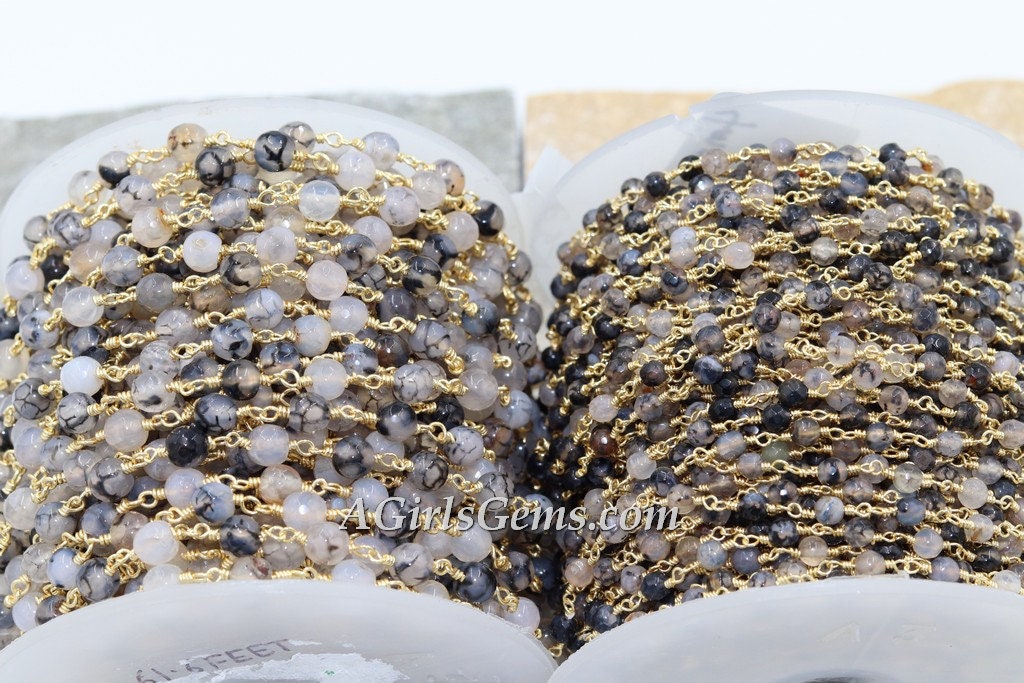 Faceted Natural White Agate Rosary Chain, 6 mm Black White Rosary CH #368, Beaded Gold Wire Wrapped Chains