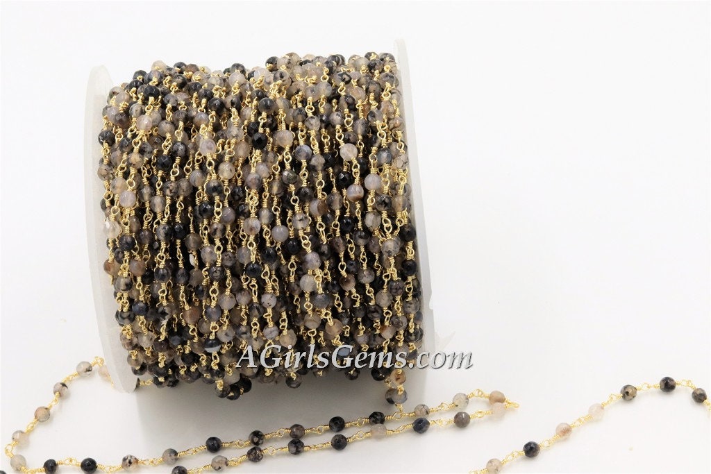 Gold Faceted Natural White Agate Rosary Chain, Black and White Rosary CH #367, Chain 4 mm Beaded Chains for Boho Style DIY Necklace Bracelet