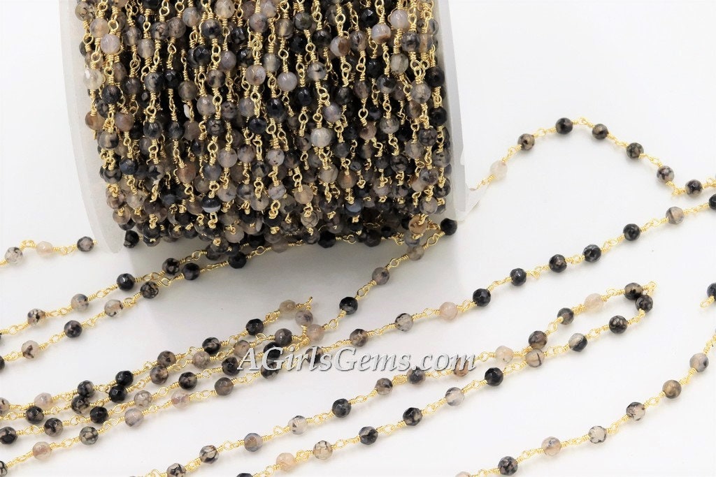 Gold Faceted Natural White Agate Rosary Chain, Black and White Rosary CH #367, Chain 4 mm Beaded Chains for Boho Style DIY Necklace Bracelet
