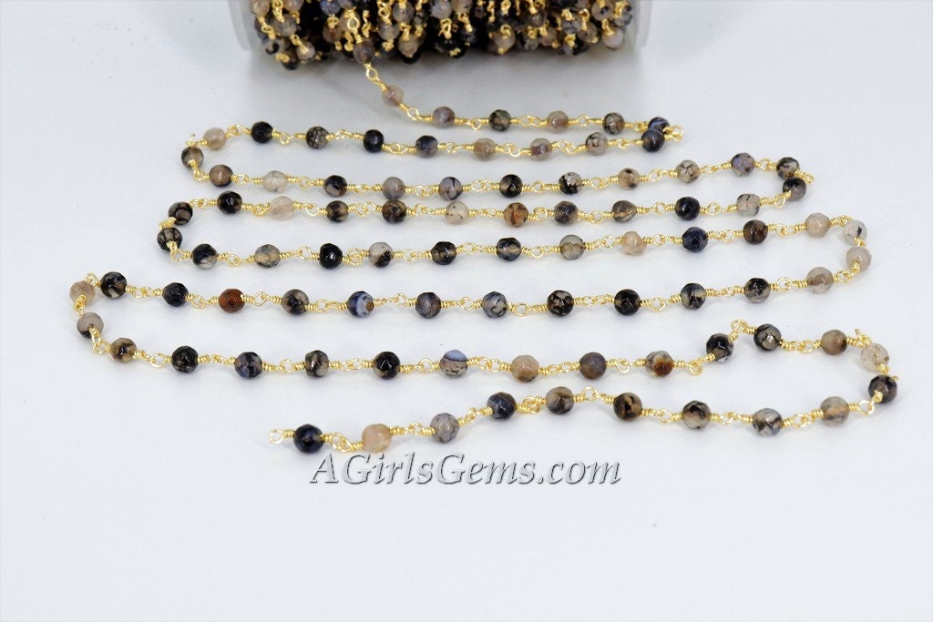 Gold Faceted Natural White Agate Rosary Chain, Black and White Rosary CH #367, Chain 4 mm Beaded Chains for Boho Style DIY Necklace Bracelet
