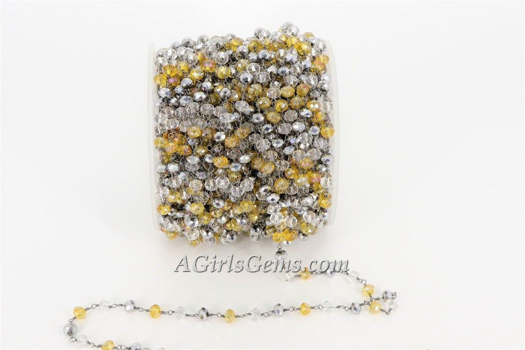 Clear Crystal Rosary Chain, 6 mm Gold Beaded Black Wire Wrapped Chain CH #328, Multi Color Silver Bead Rosary Chain