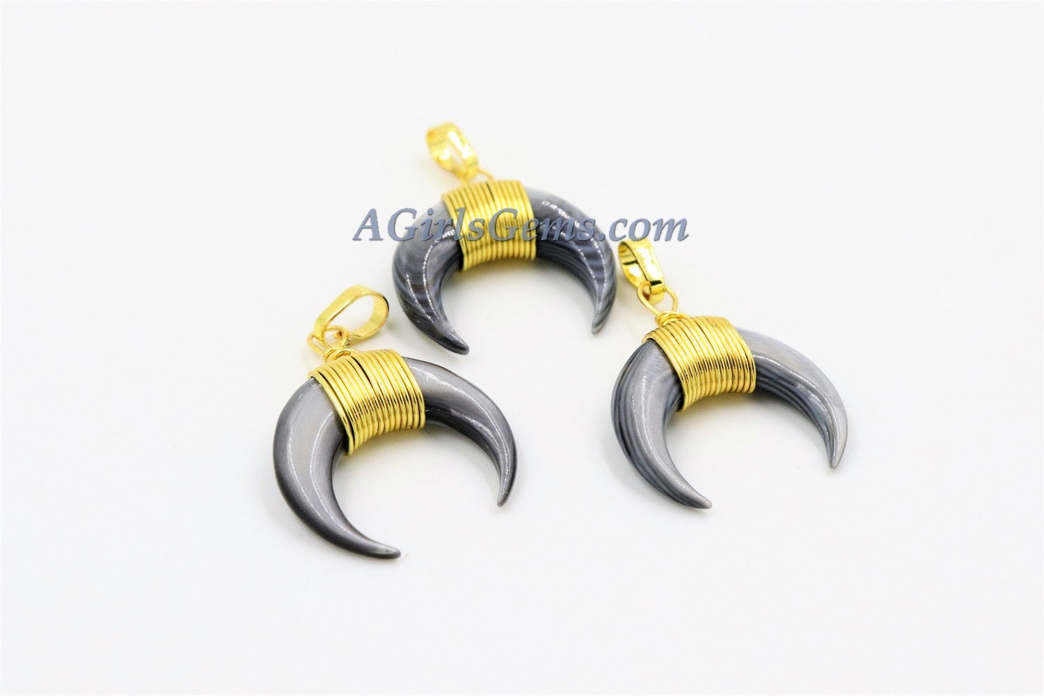 Crescent Moon Charms, Gray Mini Double Horn Natural Shell Pendant, Double Horn Small Charm Pendant