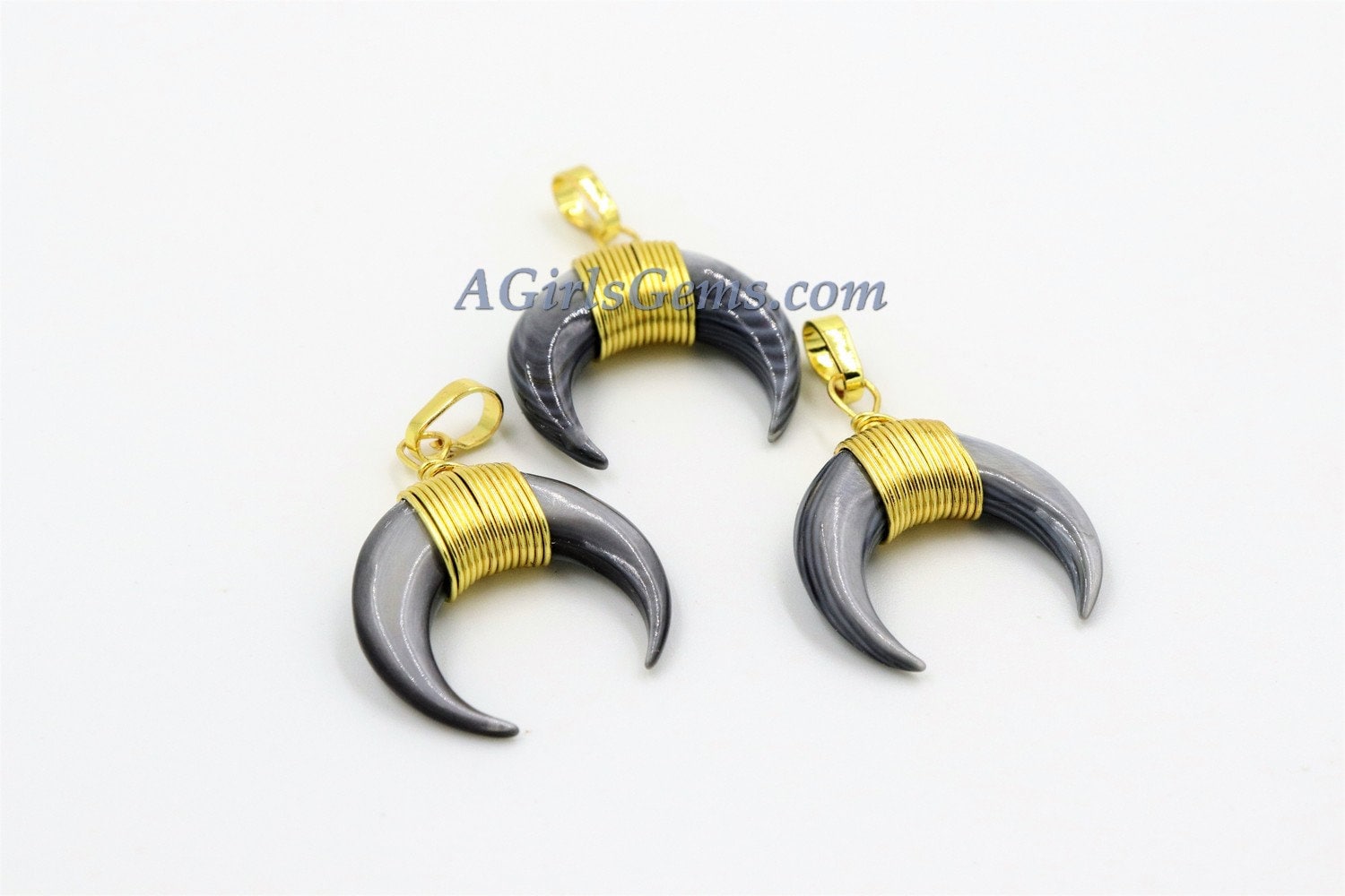Crescent Moon Charms, Gray Mini Double Horn Natural Shell Pendant, Double Horn Small Charm Pendant