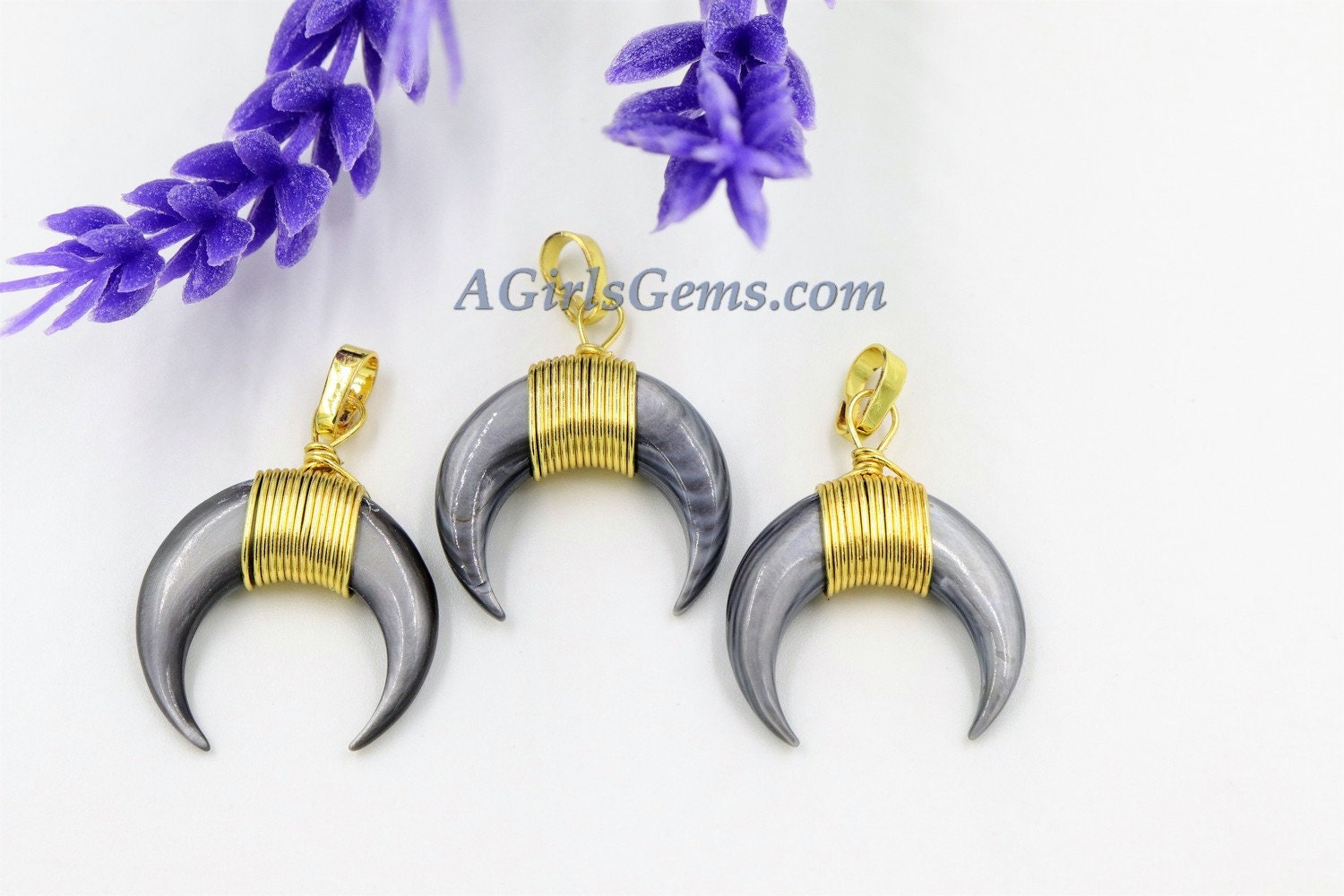 Crescent Moon Charms, Gray Mini Double Horn Natural Shell Pendant, Double Horn Small Charm Pendant