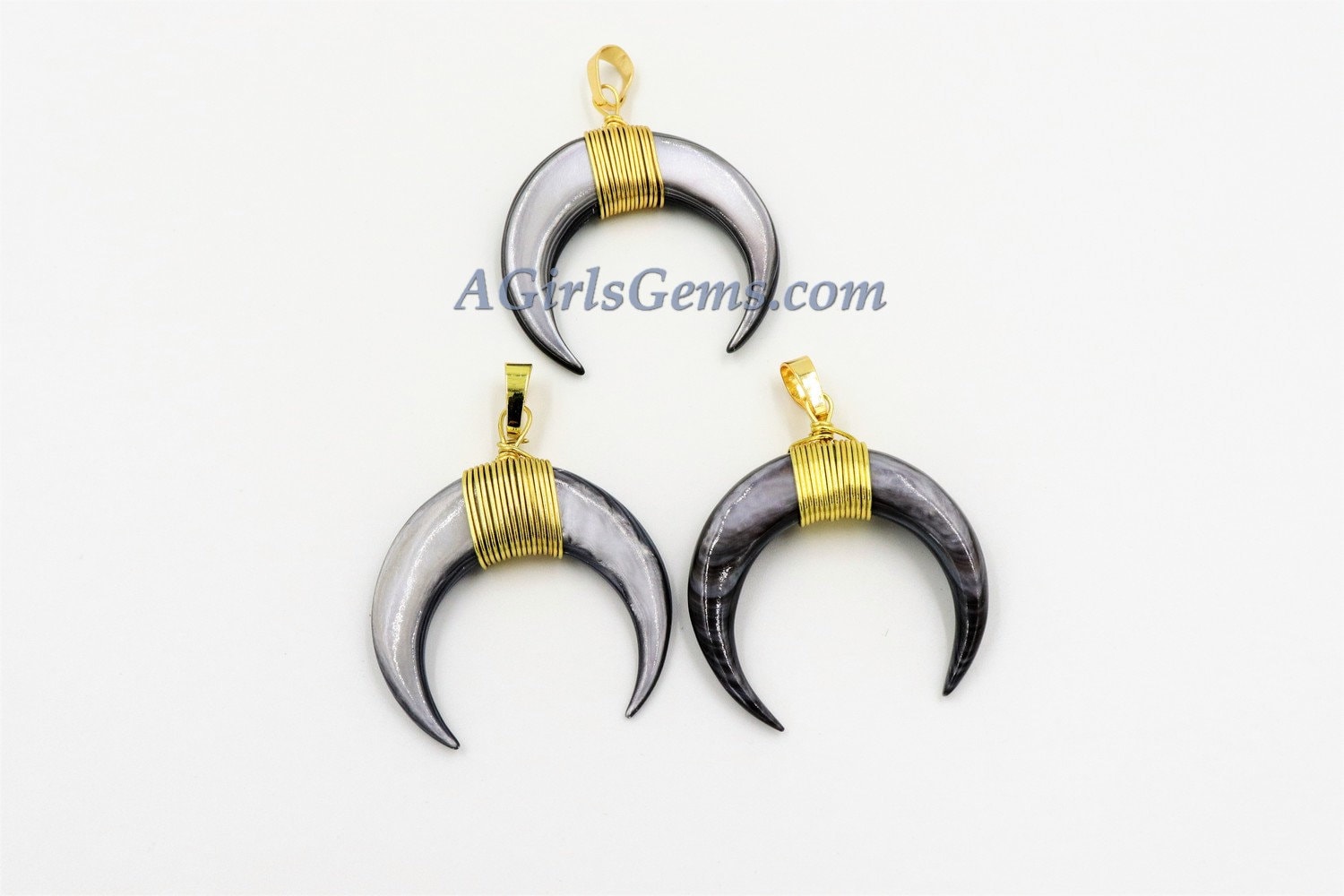Crescent Moon Charms, Gray Mini Double Horn Natural Shell Pendant, Double Horn Small Charm Pendant