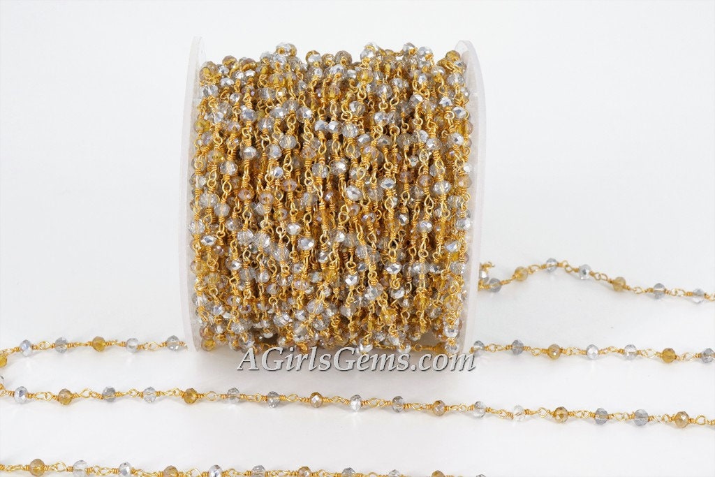 Gold AB Rosary Chain Clear Crystal, Silver Beads and Gold Mystic Yellow CH #327, Multi Color Rosary Chain 4 mm Rondelle