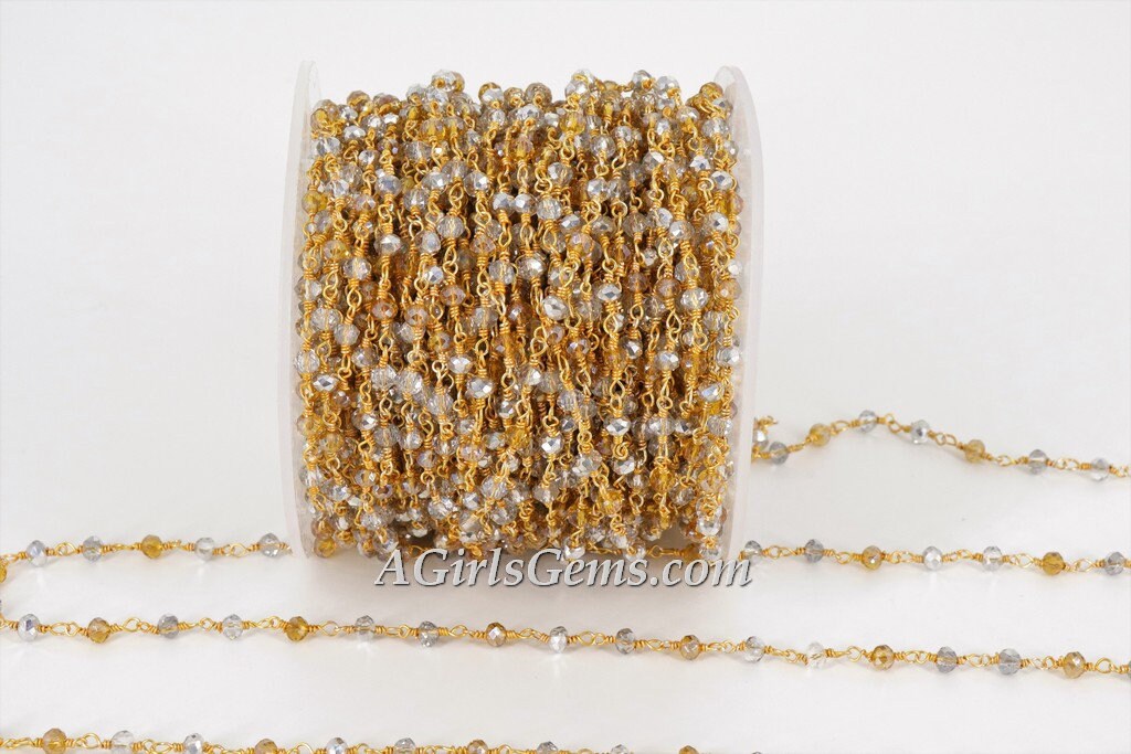 Gold AB Rosary Chain Clear Crystal, Silver Beads and Gold Mystic Yellow CH #327, Multi Color Rosary Chain 4 mm Rondelle