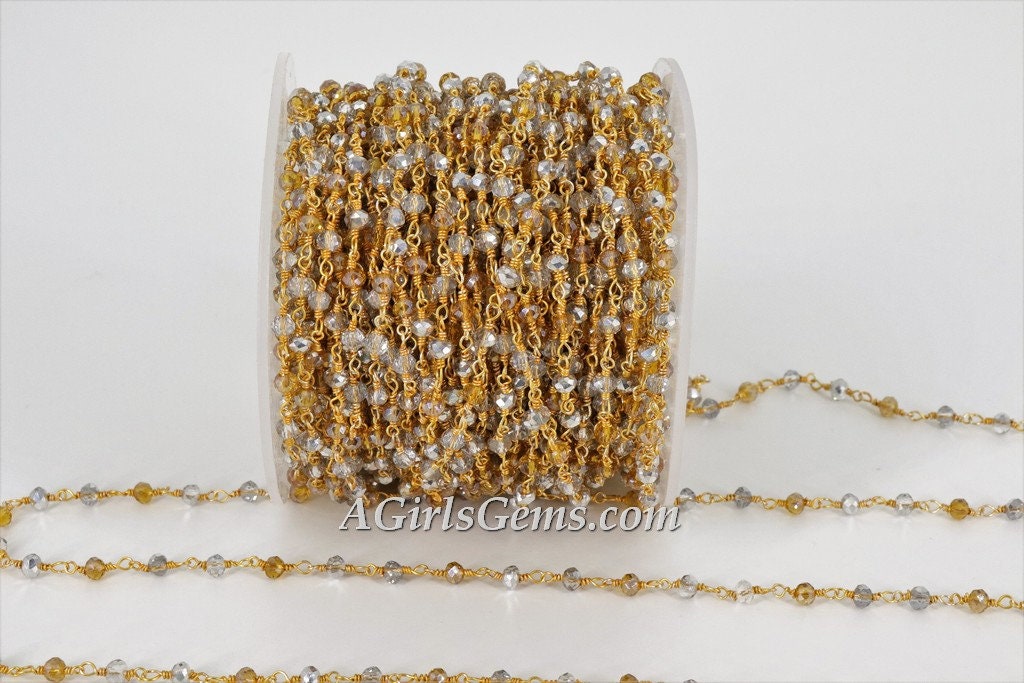 Gold AB Rosary Chain Clear Crystal, Silver Beads and Gold Mystic Yellow CH #327, Multi Color Rosary Chain 4 mm Rondelle