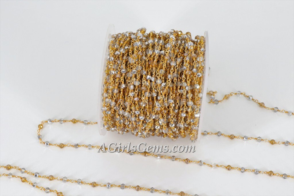 Gold AB Rosary Chain Clear Crystal, Silver Beads and Gold Mystic Yellow CH #327, Multi Color Rosary Chain 4 mm Rondelle