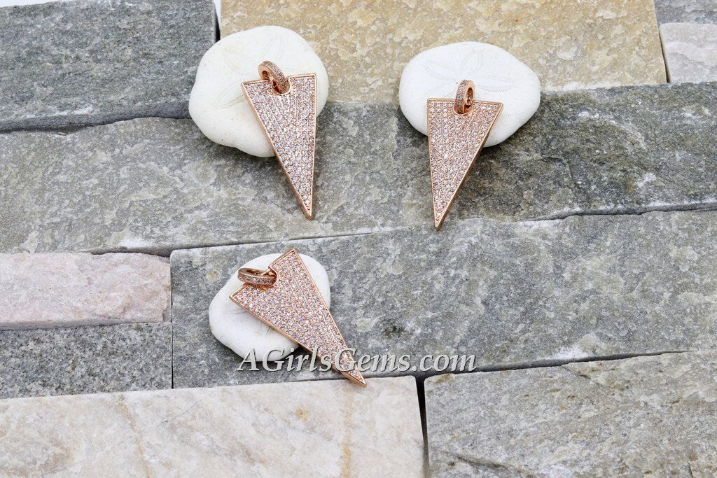 CZ Micro Pave Triangle Charm, Pyramid Shape Pendant, Arrow with Cubic Zirconia Jump Ring