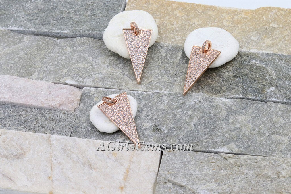 CZ Micro Pave Triangle Charm, Pyramid Shape Pendant, Arrow with Cubic Zirconia Jump Ring