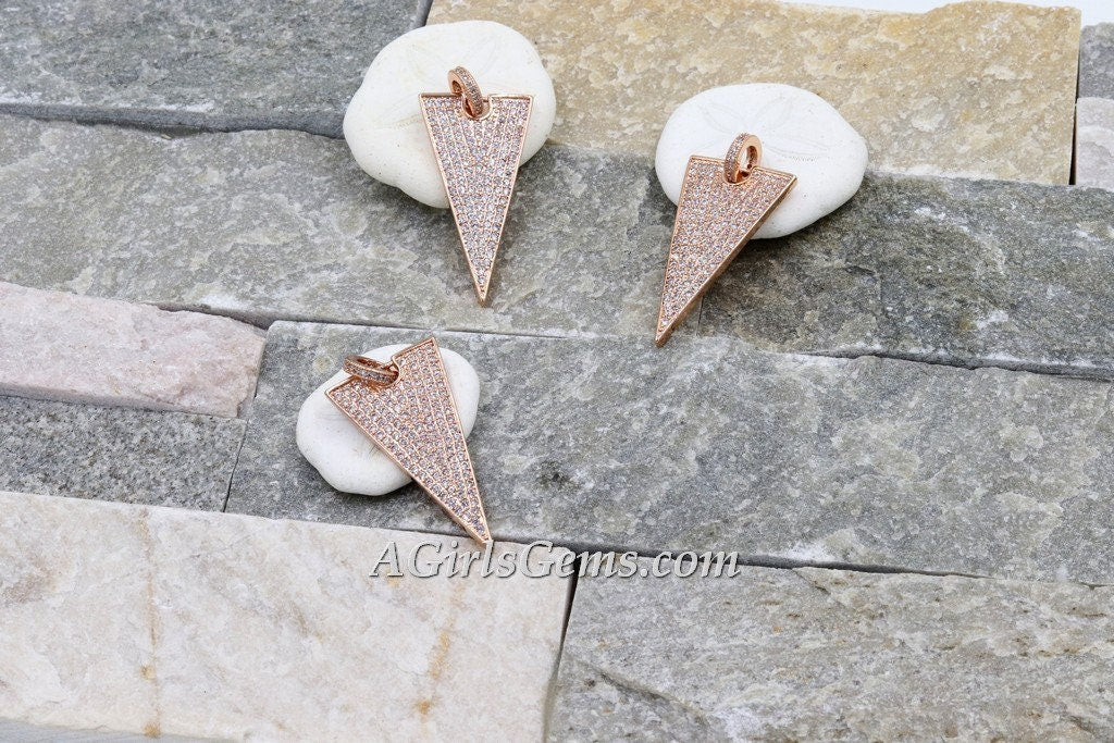 CZ Micro Pave Triangle Charm, Pyramid Shape Pendant, Arrow with Cubic Zirconia Jump Ring