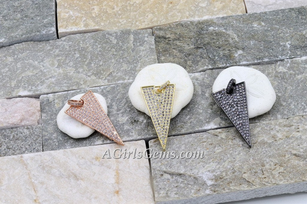 CZ Micro Pave Triangle Charm, Pyramid Shape Pendant, Arrow with Cubic Zirconia Jump Ring