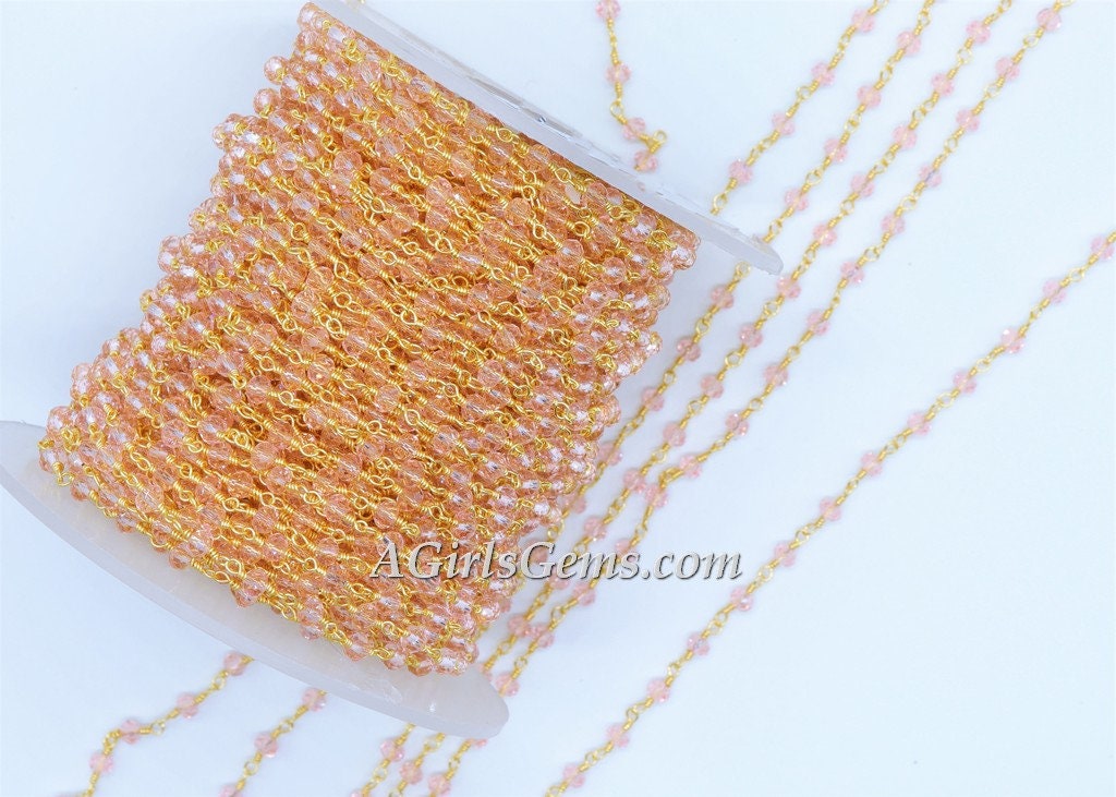 Pink Crystal Rosary Chain, 4 mm Gold Wire Wrapped CH #331, Rondelle Beaded Religious Chains
