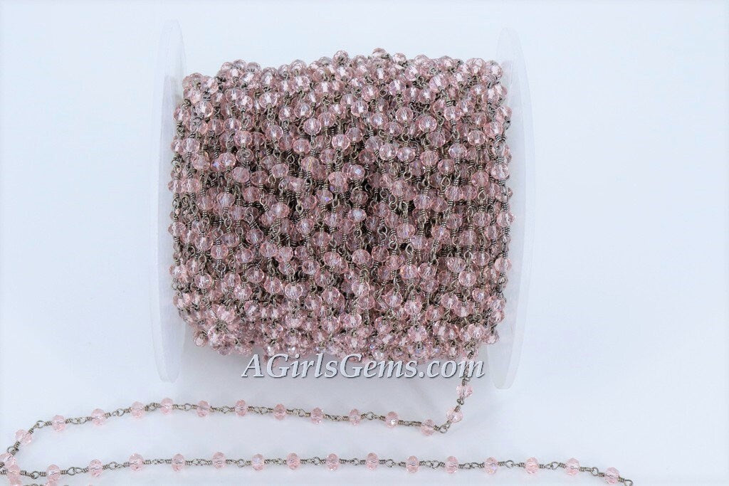 Pink Rosary Crystal Black Chain, 4 mm Rondelle Wire Wrapped CH #332, Jewelry Chains