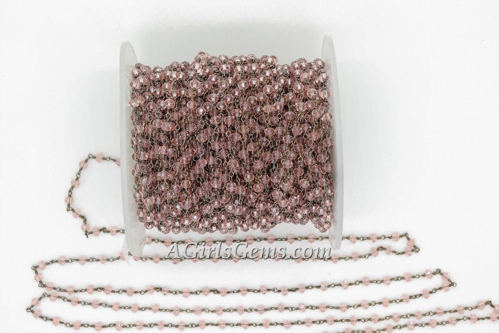 Pink Rosary Crystal Black Chain, 4 mm Rondelle Wire Wrapped CH #332, Jewelry Chains