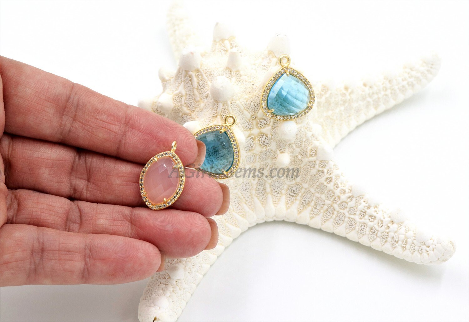 CZ Micro Pave April Birthstone Crystal Pendants, Clear Quartz Leaf Shape/Teardrop, 18 K Gold Plated Gemstone Charms