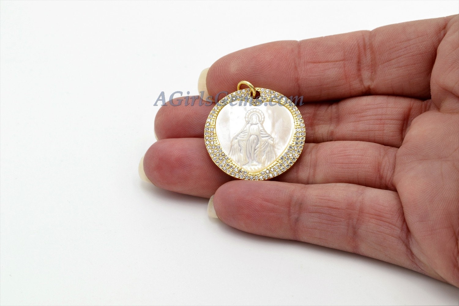 CZ Jesus Charms, Gold White Shell Mary Round Pendant #6, Silver Heart Mother of Pearl Shell Rosary Necklace Charm