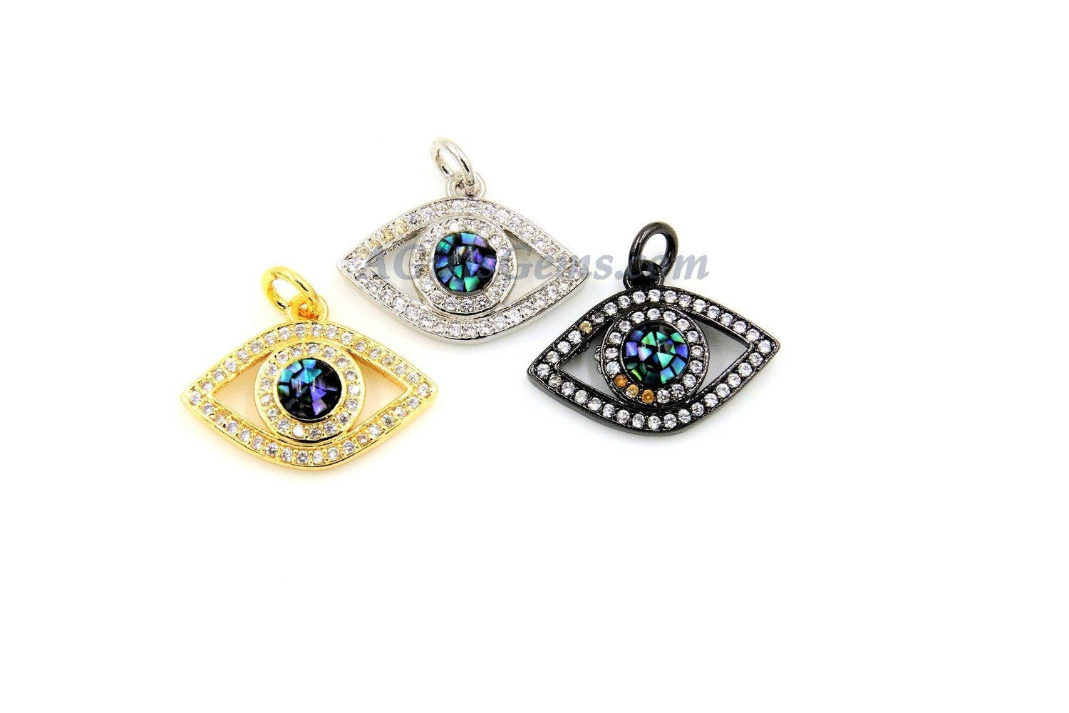 CZ Micro Pave Evil Eye Charm, Blue Evil Eye Abalone Pendants #302, Bracelets or Necklace in Gold