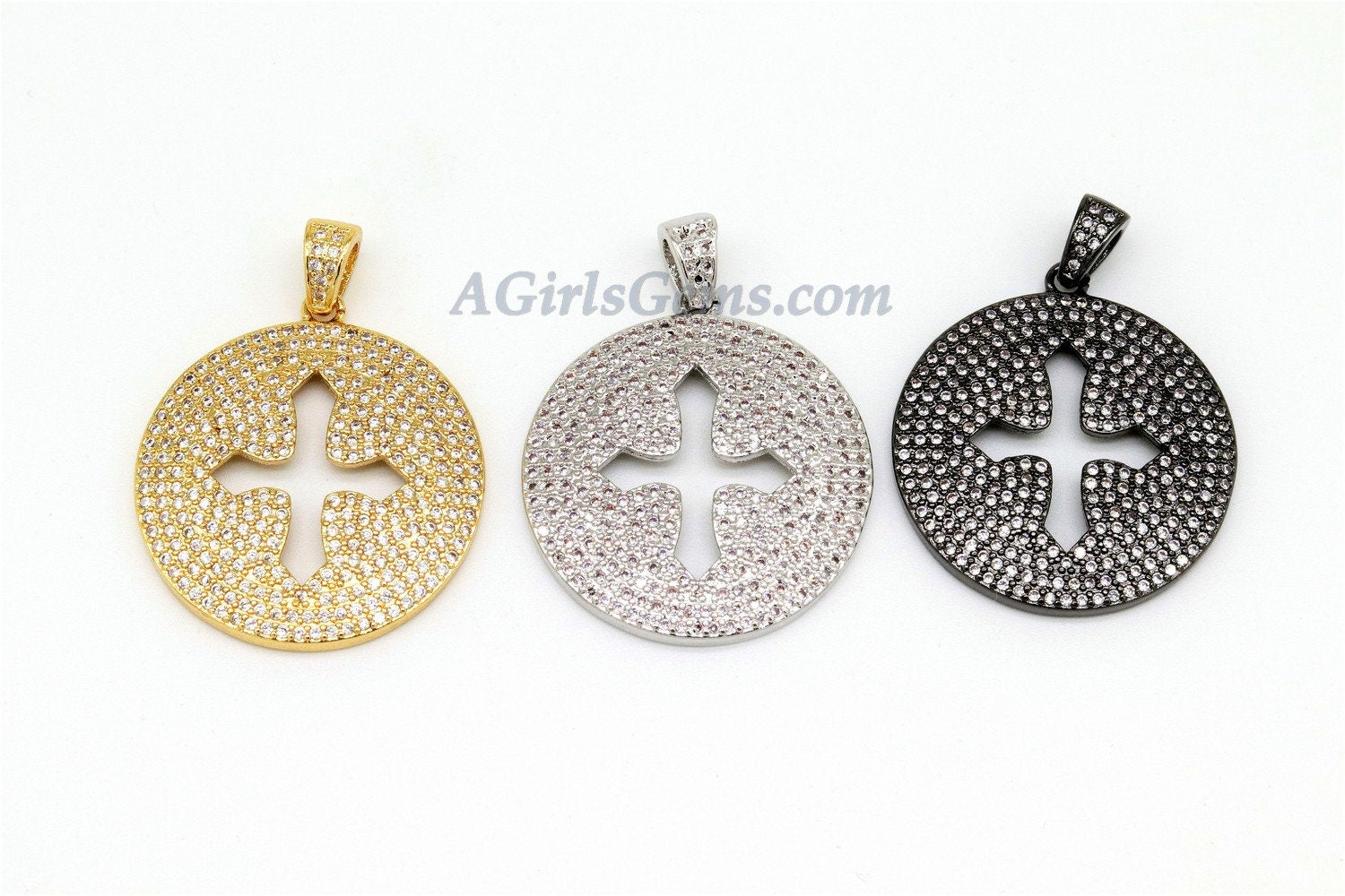 CZ Micro Pave Cross Pendant, Round Disc Cubic Zirconia Charms, Gold