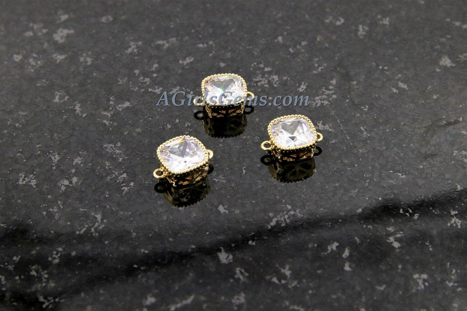 CZ Micro Pave Square Connectors or Charms #320, Cubic Zirconia Tiny Gold Filigree Bezel, 8 x 12 mm 2 Loops Earrings
