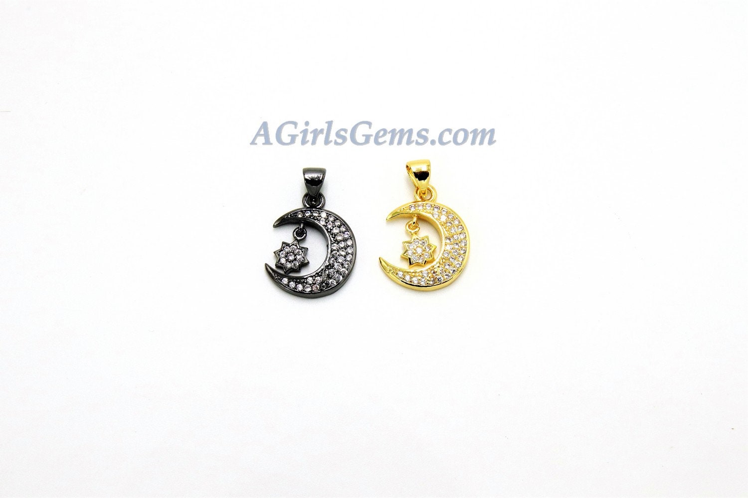 Crescent Moon Charm, CZ Pave Star, AG 241