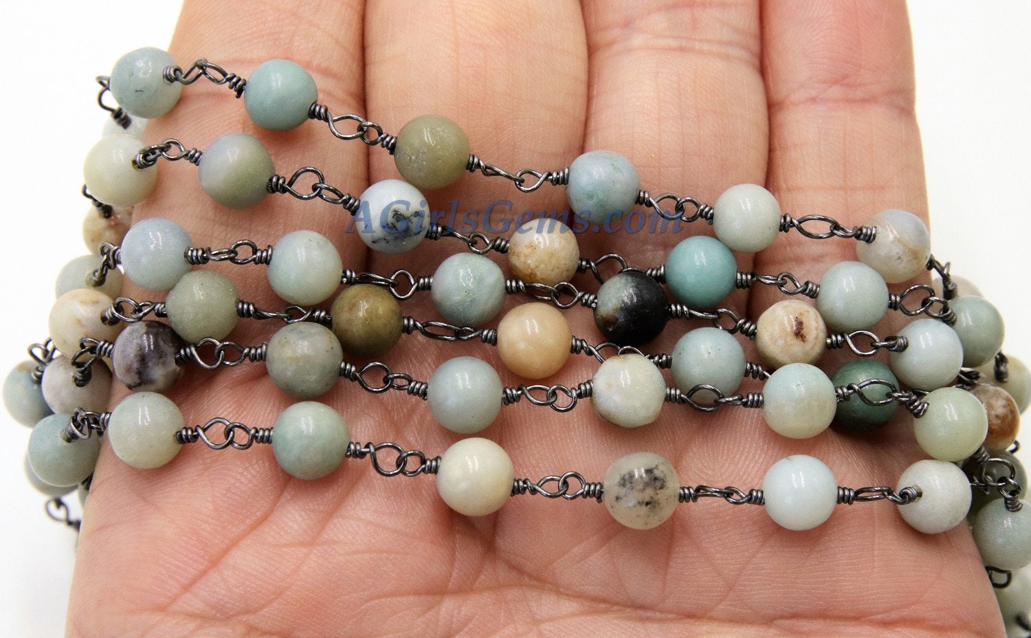 Amazonite Gunmetal Rosary Chain, 6 mm Wire Wrapped CH #355, 4 mm By The Foot