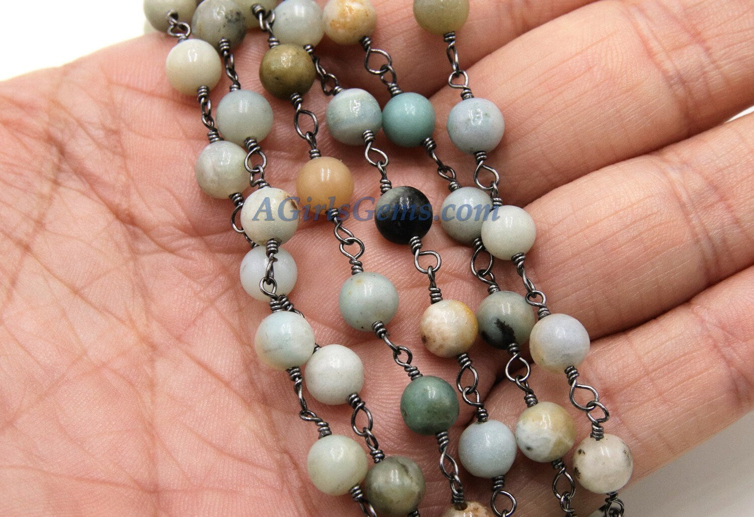 Amazonite Gunmetal Rosary Chain, 6 mm Wire Wrapped CH #355, 4 mm By The Foot