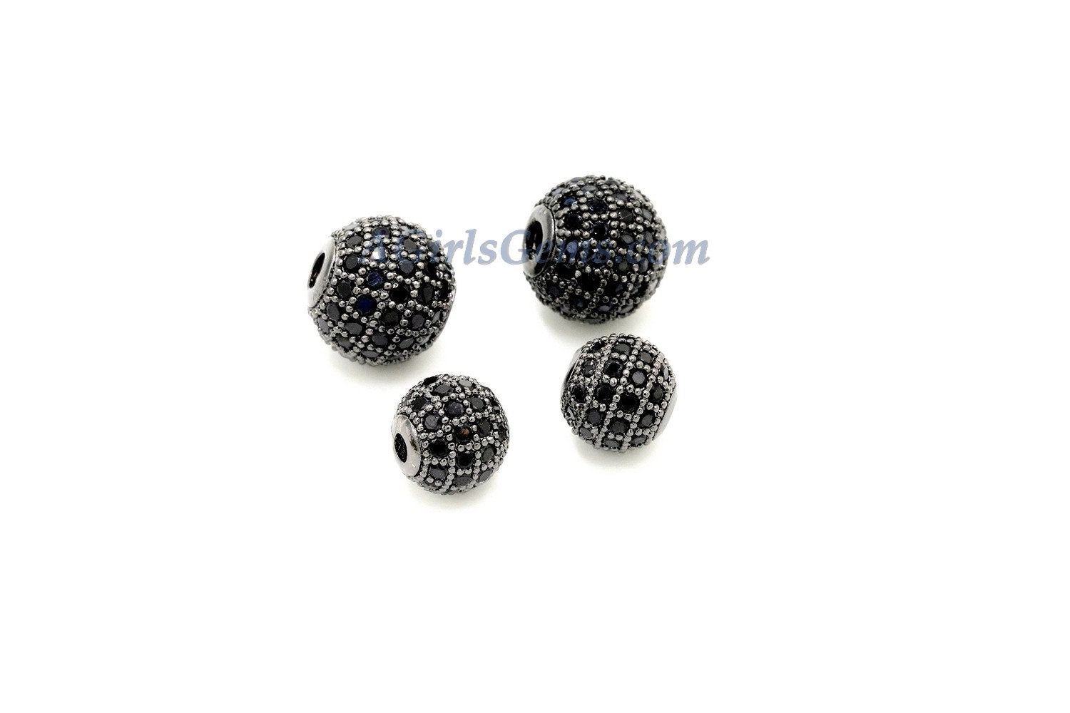Gunmetal Black CZ Beads, Round Black CZ Micro Pave Beads, Ball Black Cubic Zirconia Plated Beads
