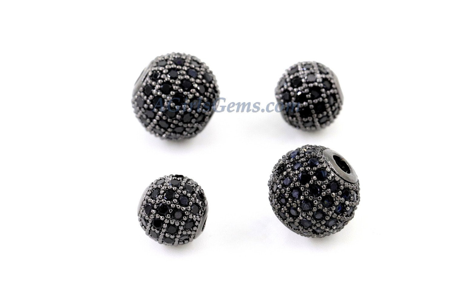 Gunmetal Black CZ Beads, Round Black CZ Micro Pave Beads, Ball Black Cubic Zirconia Plated Beads