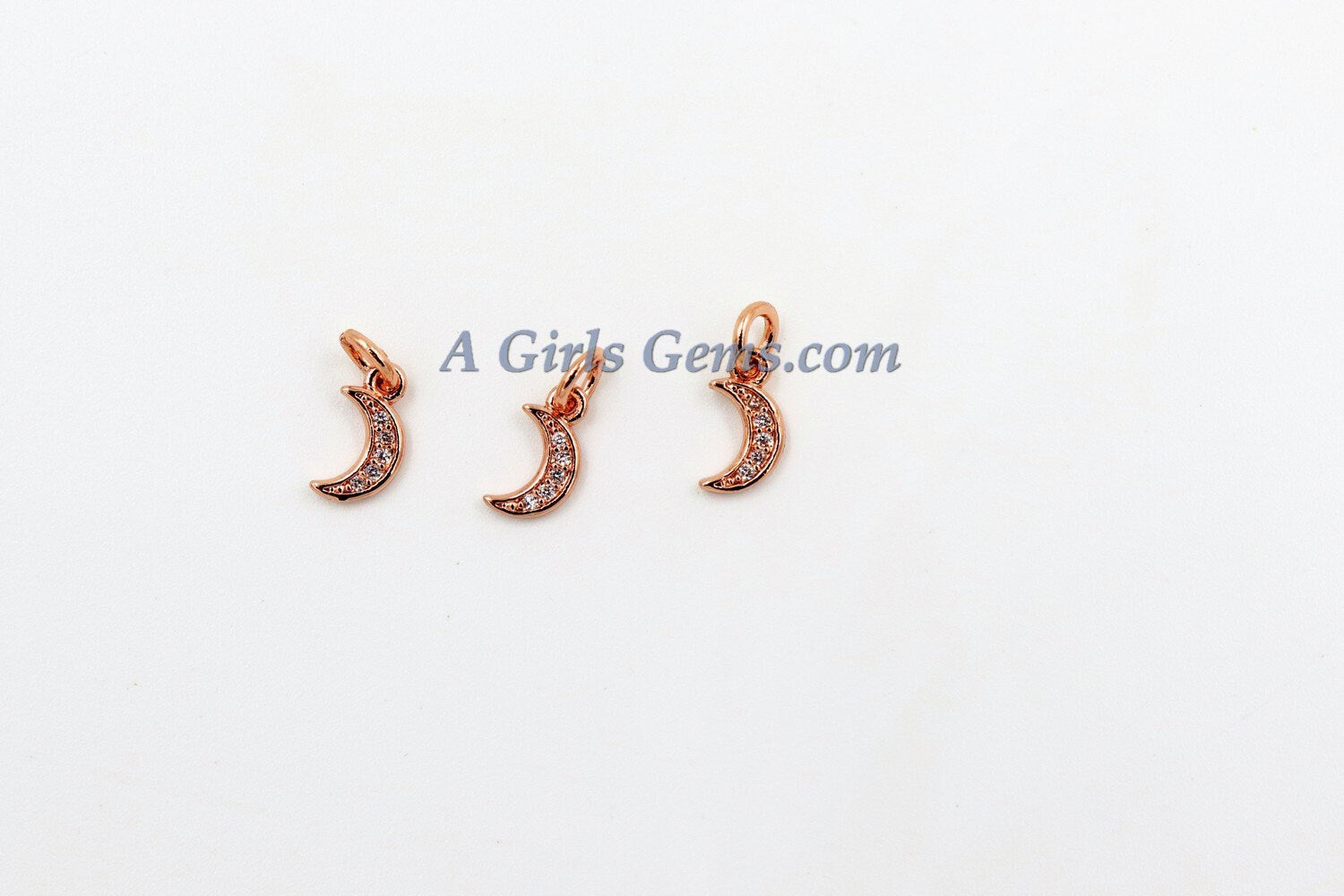 CZ Tiny Crescent Gold Moon Charm, 3 pcs Mini Moon Charms #292, Silver Dainty CZ Rose Moon Charms