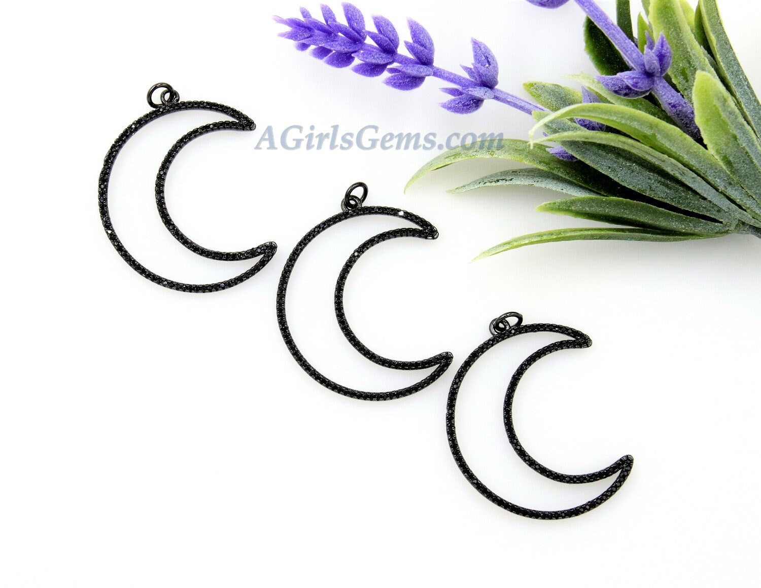 Moon Charm Pendants, CZ Gold Pave Large CZ Charms #767, Crescent Black Crystal Moon Link 35 x 42 mm