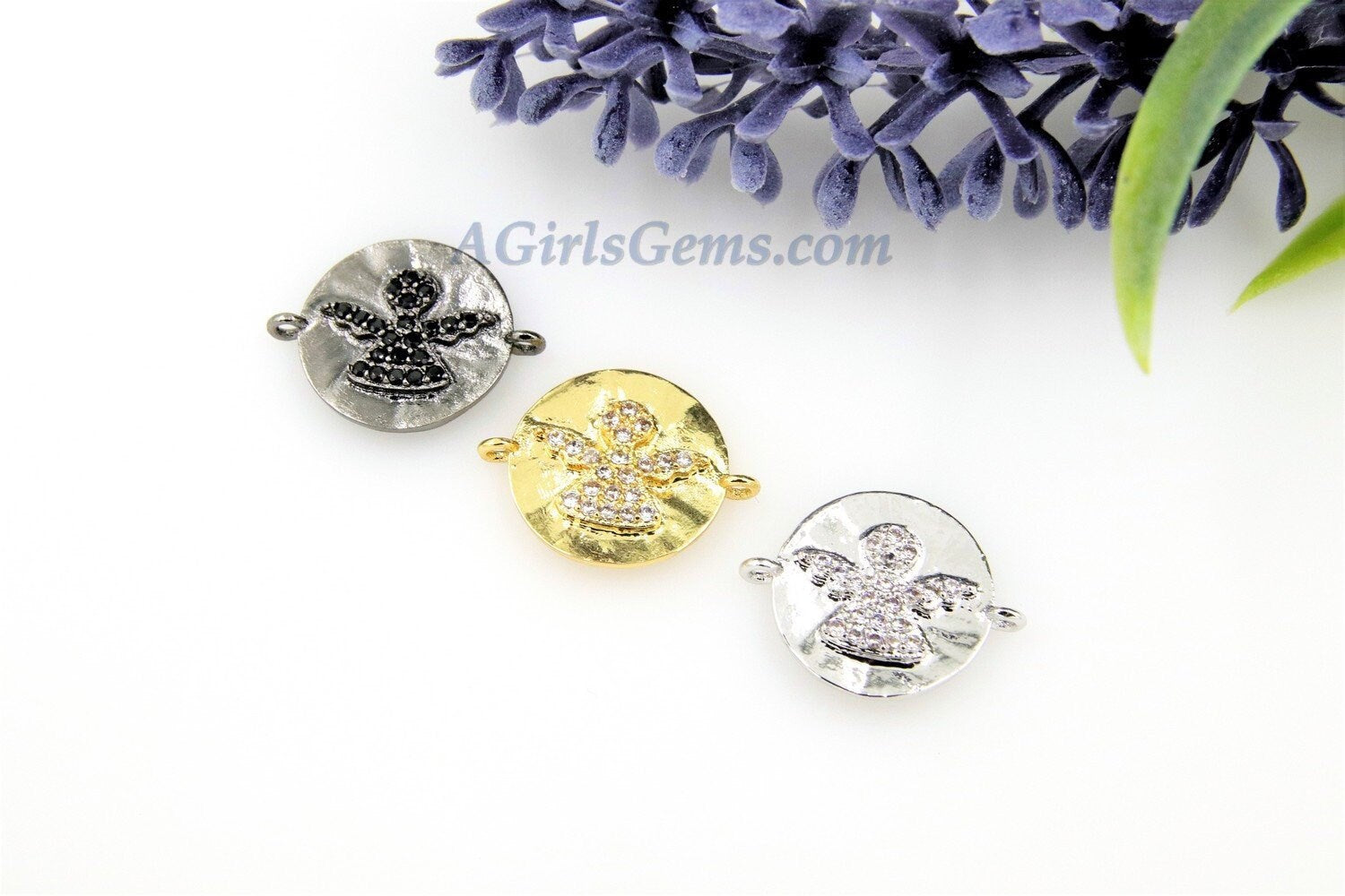 CZ Micro Pave Angel Wings Connector - Round Disc Guardian Angel Wings, 14 x 19 mm Gold/Silver/Black Bracelets/Necklace Links
