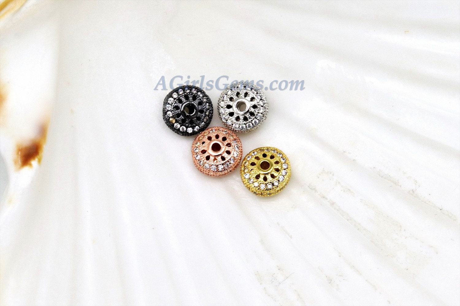Round Donut Beads, 2 Pcs CZ Micro Pave Flat Donut 8 mm Bead, Gold