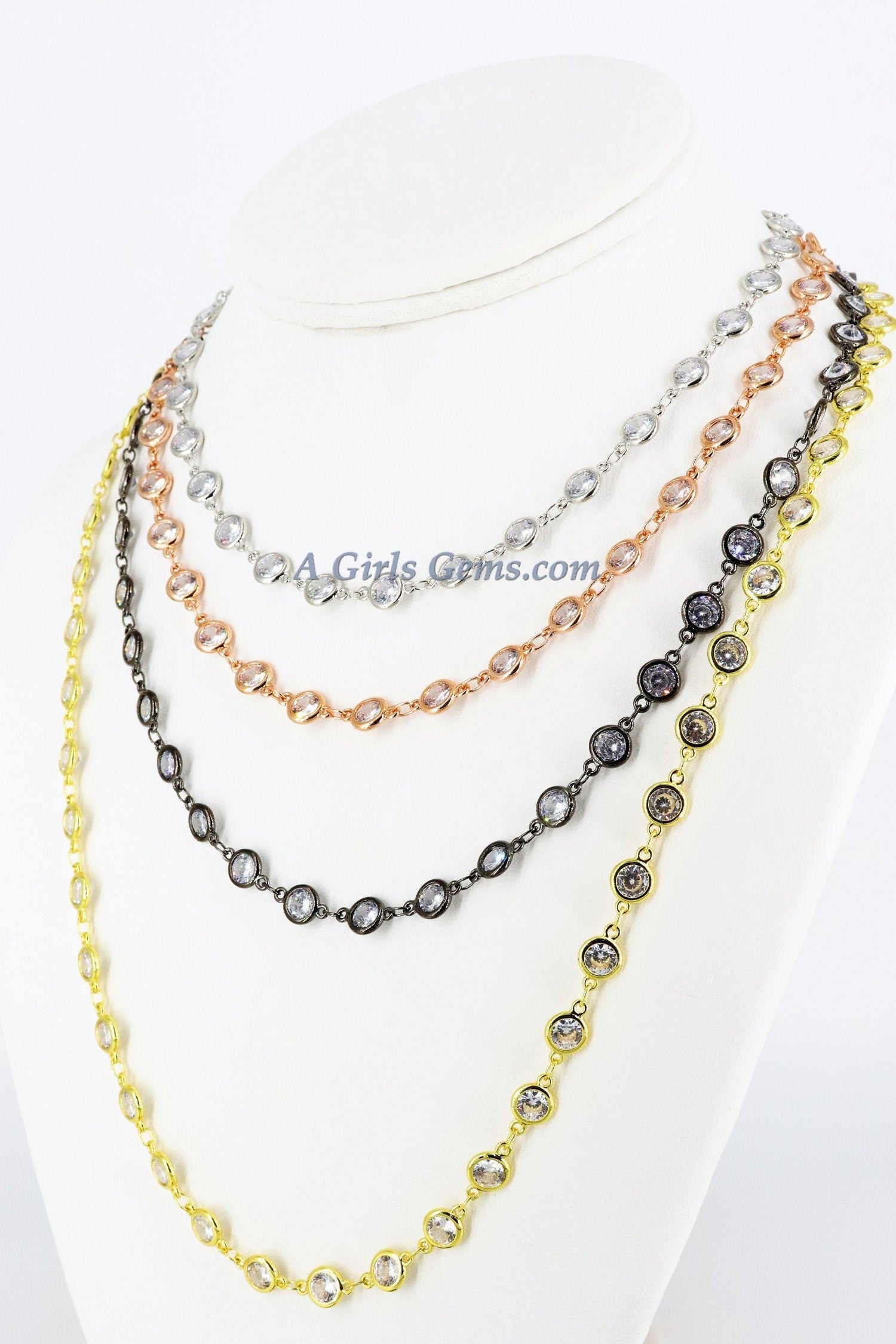 Silver CZ Chain By The Yard, 4 or 6 mm Genuine CZ Chain CH #543, Rose Gold Cz Chains