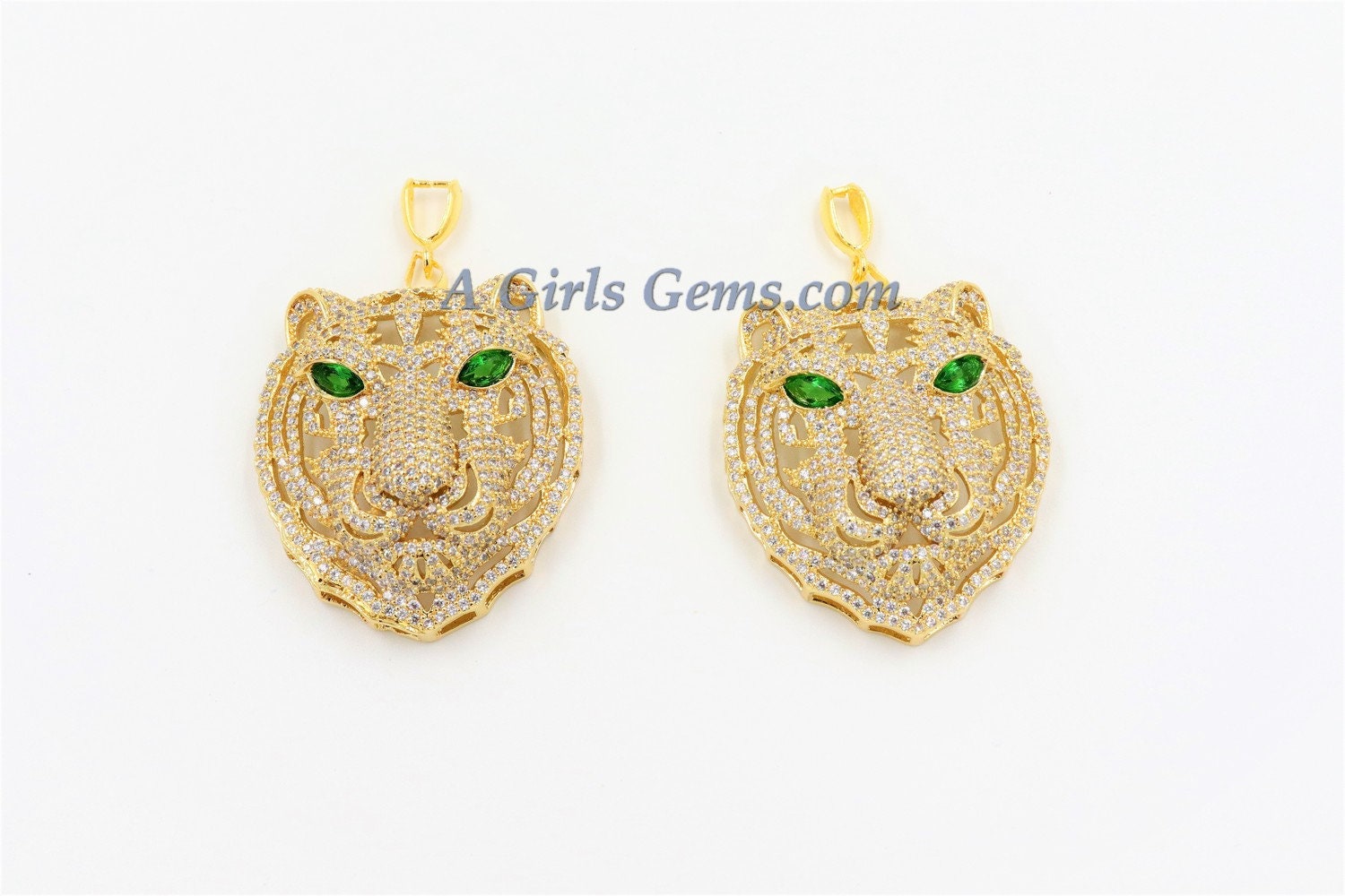 Tiger Head Pendant, CZ Micro Pave Gold Tiger Pendants AG #663, Open Hole Charms