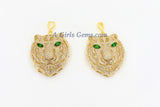 Tiger Head Pendant, CZ Micro Pave Gold Tiger Pendants AG #663, Open Hole Charms