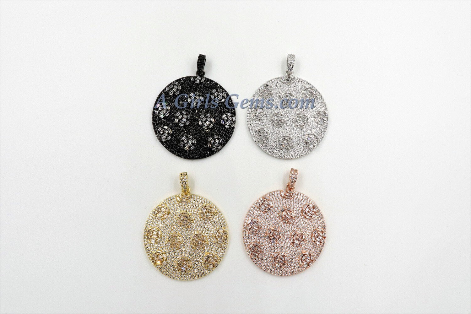 Large Round Disc Pendant, CZ Micro Pave Round Circle Pendant Textured Cubic Zirconia, Patterned Discs