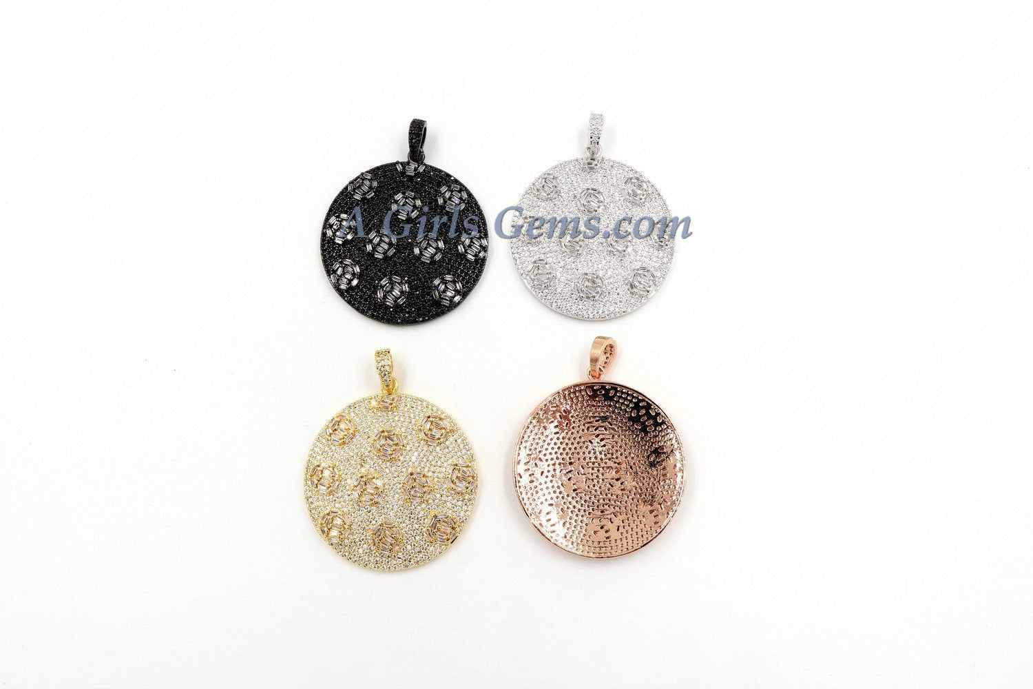 Large Round Disc Pendant, CZ Micro Pave Round Circle Pendant Textured Cubic Zirconia, Patterned Discs