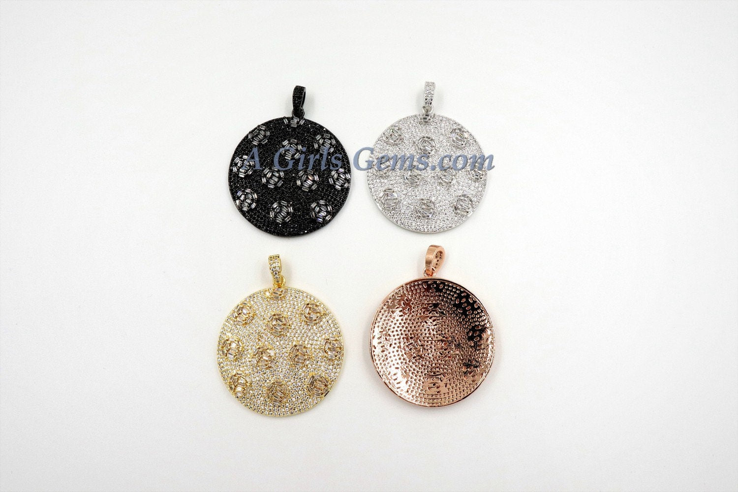 Large Round Disc Pendant, CZ Micro Pave Round Circle Pendant Textured Cubic Zirconia, Patterned Discs