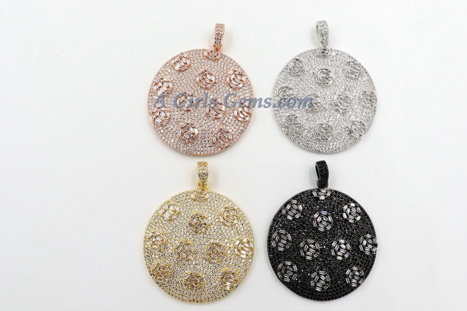 Large Round Disc Pendant, CZ Micro Pave Round Circle Pendant Textured Cubic Zirconia, Patterned Discs