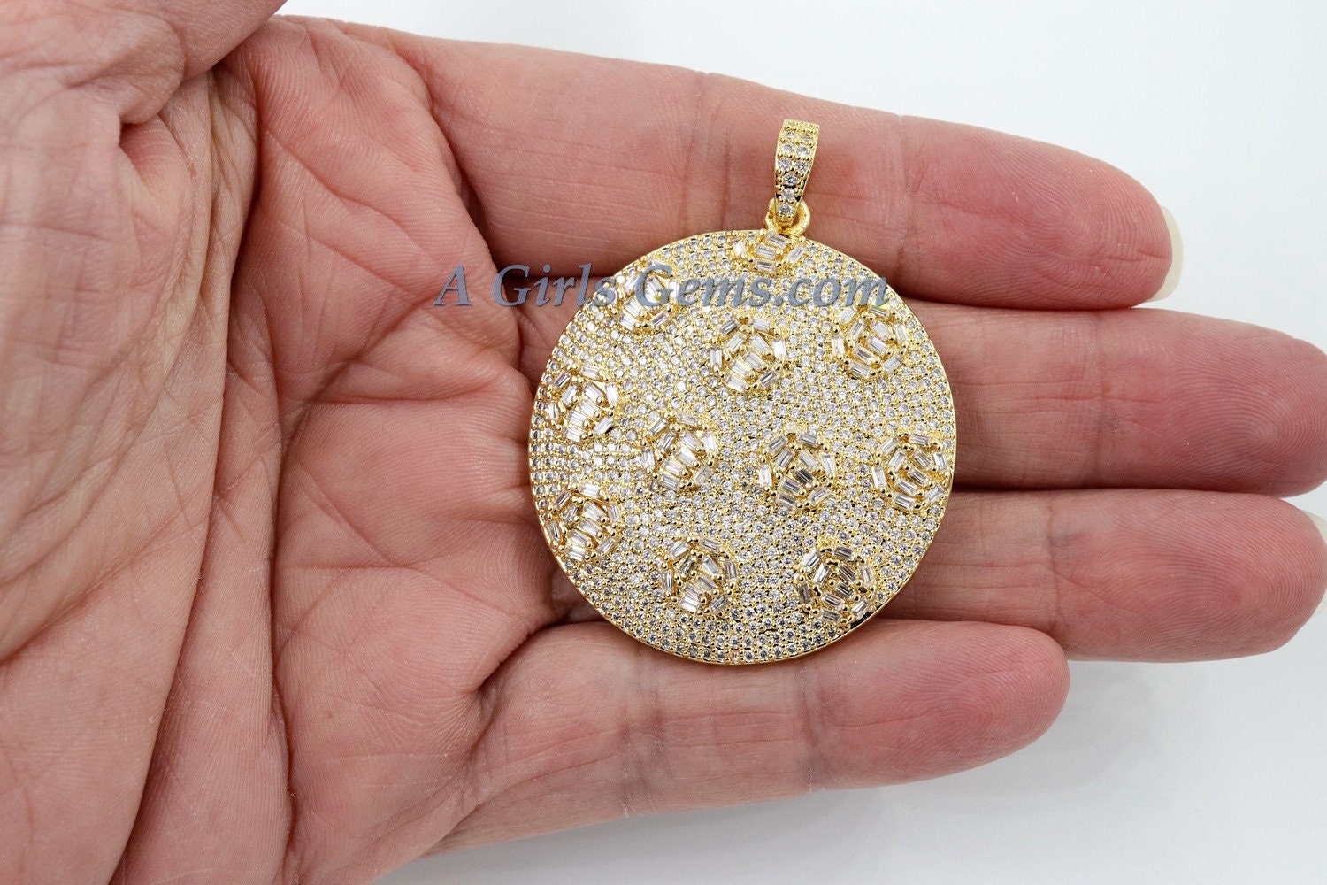 Large Round Disc Pendant, CZ Micro Pave Round Circle Pendant Textured Cubic Zirconia, Patterned Discs