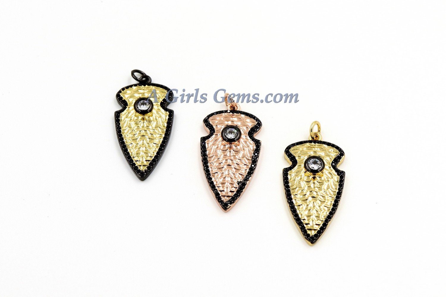 CZ Micro Pave Arrowhead Charms, Gold Triangle Charms #262, Rose and Silver Arrow Charms
